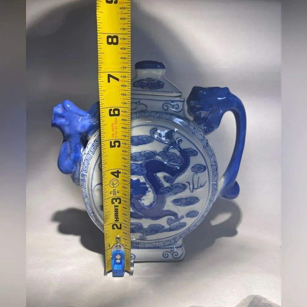 Vtg Dragon Design TeaPot Decorative White Blue Collectible Made In China